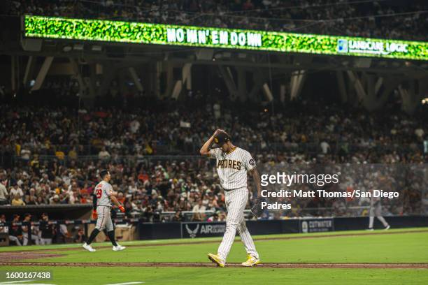 Yu Darvish of the San Diego Padres walks off the mound after a strikeout in the sixth inning against the Baltimore Orioles on August 14, 2023 at...