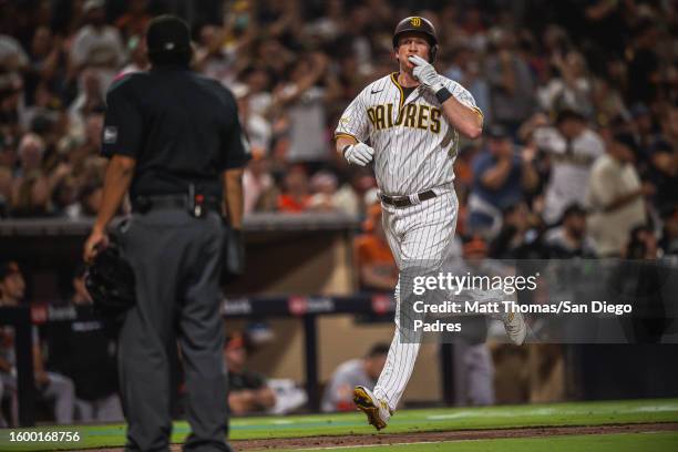 Garrett Cooper of the San Diego Padres celebrates after hitting a home run in the sixth inning against the Baltimore Orioles on August 14, 2023 at...