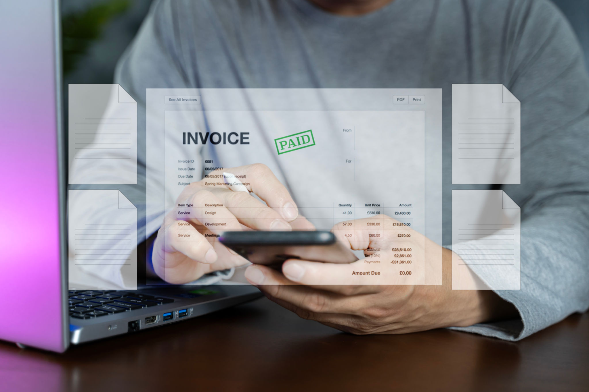 Document digital invoices or payment receipts on your smartphone. Payment and billing, business invoice, financial operations concept Document digital invoices or payment receipts on your smartphone. Payment and billing, business invoice, financial operations concept