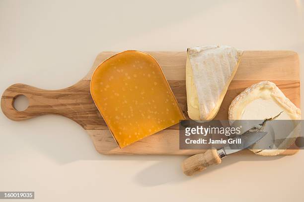 studio shot of cheese on chopping board - cheese board photos et images de collection