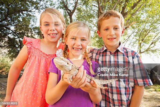 usa, utah, lehi, three kids (4-5, 6-7) excited to be looking at lizard being held by child in the middle - lizard stock pictures, royalty-free photos & images