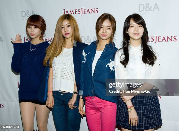 Yura, Park So-Jin, Lee Hye-Ri and Bang Min-Ah of South Korean girl group Girls Day attend the 'JamesJeans' Flagship Store opening on January 24, 2013...