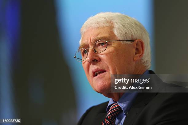 Martin-Peter Buech, head of the DFB Science department, addresses the DFB Science Congress 2013 at the Steigenberger Airport Hotel on January 25,...