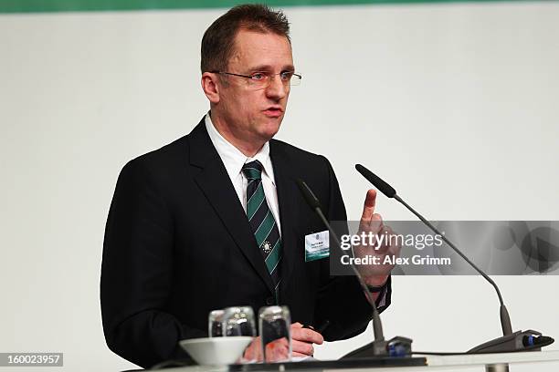 Team doctor Tim Meyer addresses the DFB Science Congress 2013 at the Steigenberger Airport Hotel on January 25, 2013 in Frankfurt am Main, Germany.