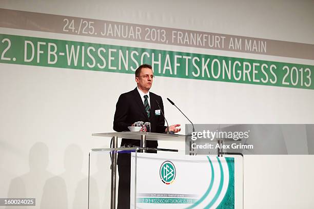 Team doctor Tim Meyer addresses the DFB Science Congress 2013 at the Steigenberger Airport Hotel on January 25, 2013 in Frankfurt am Main, Germany.