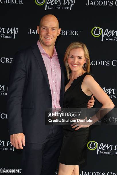 Stirling Mortlock and wife Caroline Mortlock arrive at the screening of the Jacob's Creek Open Film Series 2 at Maia Docklands on January 25, 2013 in...
