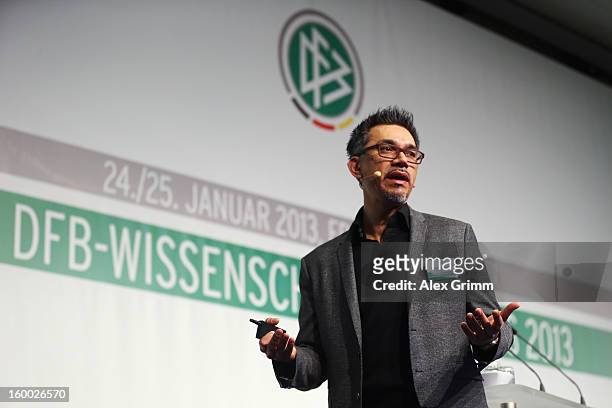 Franco Impellizzeri of Schulthess clinic Zurich addresses the DFB Science Congress 2013 at the Steigenberger Airport Hotel on January 25, 2013 in...