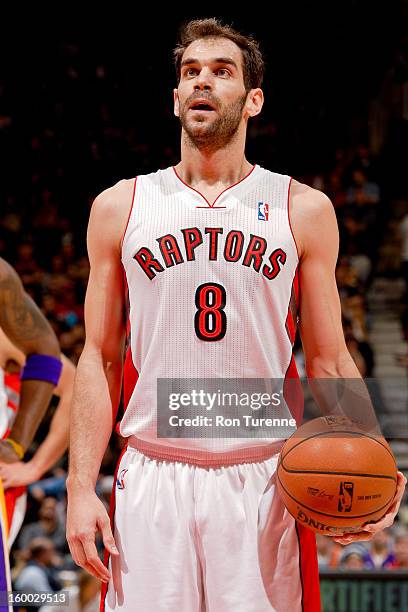 Jose Calderon of the Toronto Raptors shoots a free-throw against the Los Angeles Lakers on January 20, 2013 at the Air Canada Centre in Toronto,...