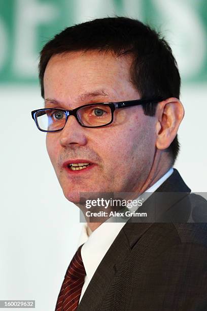 Andreas Niess of the teaching hospital Tuebingen addresses the DFB Science Congress 2013 at the Steigenberger Airport Hotel on January 25, 2013 in...