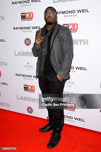 Sway attends the Raymond Weil pre-Brit Awards dinner and 20th anniversary celebration of War Child at The Mosaica on January 24, 2013 in London,...