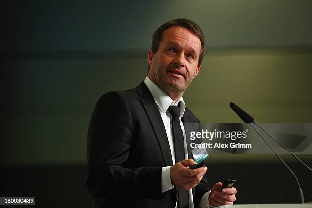 Andreas Schlumberger of Borussia Dortmund addresses the DFB Science Congress 2013 at the Steigenberger Airport Hotel on January 25, 2013 in Frankfurt...