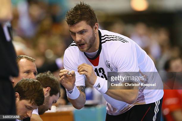 Christoph Theuerkauf of Germany issues instructions during the quarterfinal match between Spain and Germany at Pabellon Principe Felipe Arena on...