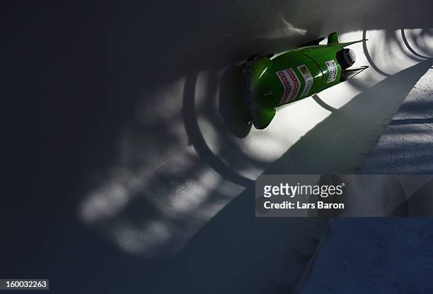 Cathleen Martini and Stephanie Schneider of Germany compete during the Women's Bobsleigh heat 2 of the IBSF Bob & Skeleton World Championship at...