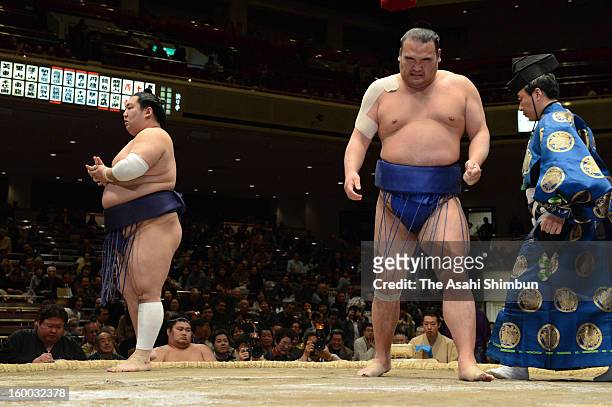 Juryo Takamisakari shows his dejection after losing to Tokushoryu at Juryo class during day 12 of the Grand Sumo New Year Tournament at Ryogoku...