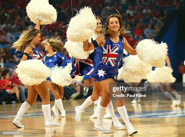 Dancers perform during the round 16 NBL match between the Perth Wildcats and the Townsville Crocodiles at Perth Arena on January 25, 2013 in Perth,...