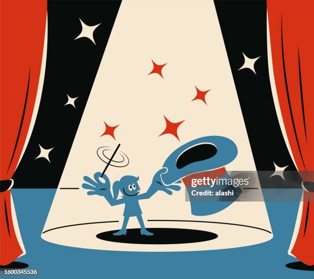 a smiling woman holding a magic hat and waving her magic wand on stage with a spotlight - performing arts occupation stock illustrations
