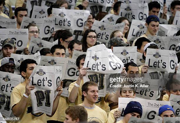 The Oakland Zoo stands during the game between the Pittsburgh Panthers and the Connecticut Huskies at Petersen Events Center on January 19, 2013 in...