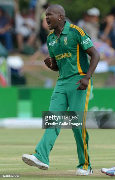 Lonwabo Tsotsobe of South Africa celebrates the wicket of Martin Guptill during the 3rd One Day International match between South Africa and New...