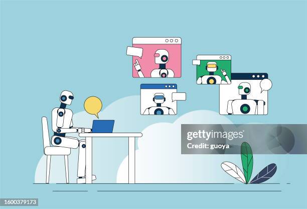 a group of robots are having a video conference. - computer screen mockup office stock illustrations