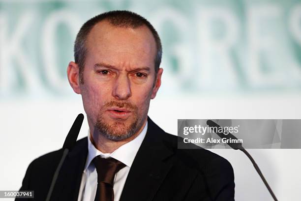 Christian Haasof the Fresenius Hochschule Idstein addresses the DFB Science Congress 2013 at the Steigenberger Airport Hotel on January 25, 2013 in...