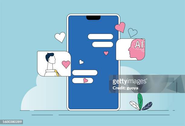 artificial intelligence and white-collar workers are chatting in love on mobile phones. - 3d human model stock illustrations