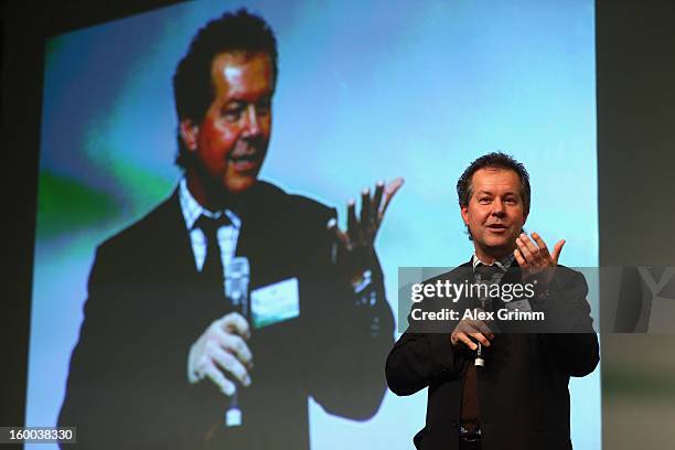 Frank Mayer of the Potsdam University addresses the DFB Science Congress 2013 at the Steigenberger Airport Hotel on January 25, 2013 in Frankfurt am...