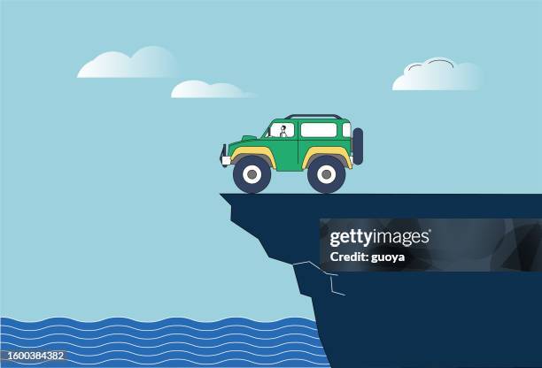the off-road vehicle drove to the edge of the sea cliff and had nowhere to go. - edge of cliff stock illustrations