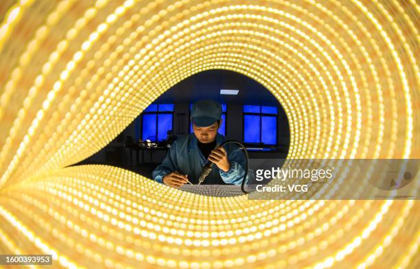 An employee works on the production line of LED strip lights at Jingyuxin Lighting Technology Co., Ltd. On August 8, 2023 in Jiujiang, Jiangxi...