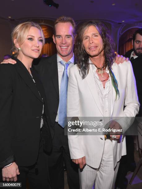 Actress Kate Hudson, sportscaster Joe Buck and singer Steven Tyler attend The Voice Health Institute's "Raise Your Voice" benefit at the Beverly...