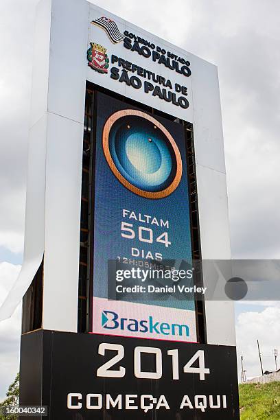 Giant countdown clock tower displays a sign with the 504 remaining days to the FIFA Brazil 2014 World Cup next to the Arena Sao Paulo on January 24,...