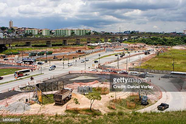 Constructions of new building and avenues near the Arena Sao Paulo on January 24, 2013 in Sao Paulo, Brazil. Arena Sao Paulo will be one of the 12...