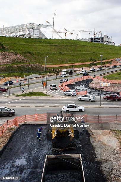 Cranes work around the Arena Sao Paulo in Itaquera on January 24, 2013 in Sao Paulo, Brazil. Arena Sao Paulo will be one of the 12 venues of the FIFA...