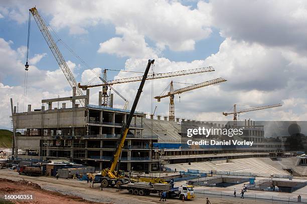 General view of the Arena Sao Paulo under construction on January 24, 2013 in Sao Paulo, Brazil. Arena Sao Paulo will be one of the 12 venues to host...