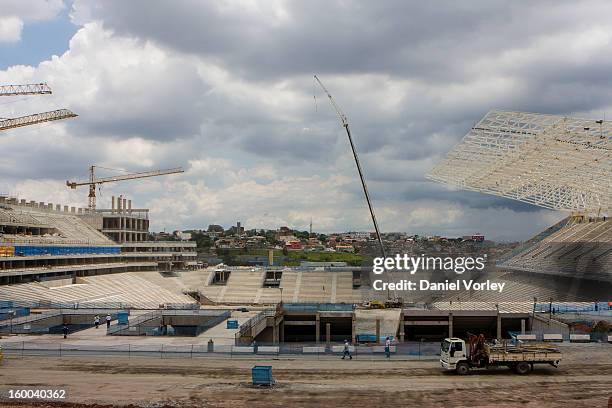 General view of the Arena Sao Paulo under construction on January 24, 2013 in Sao Paulo, Brazil. Arena Sao Paulo will be one of the 12 venues to host...