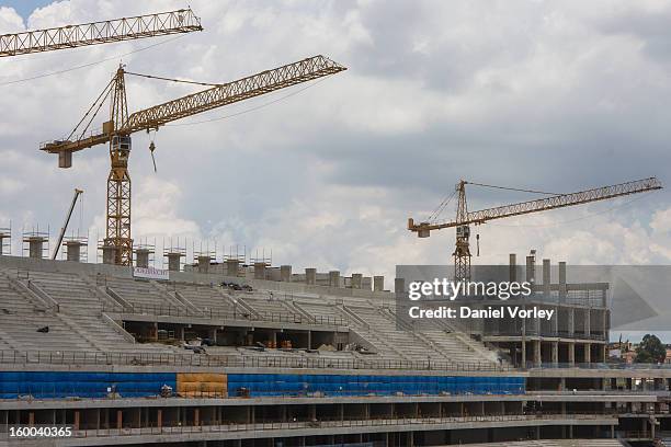 General view of the Arena Sao Paulo under construction on January 24, 2013 in Sao Paulo, Brazil. Arena Sao Paulo will be one of the 12 venues to host...