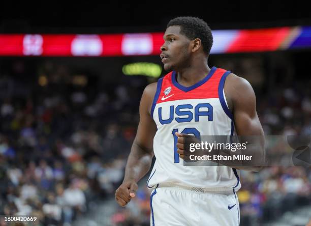Anthony Edwards of the United States runs on the court in the second half of a 2023 FIBA World Cup exhibition game against Puerto Rico at T-Mobile...