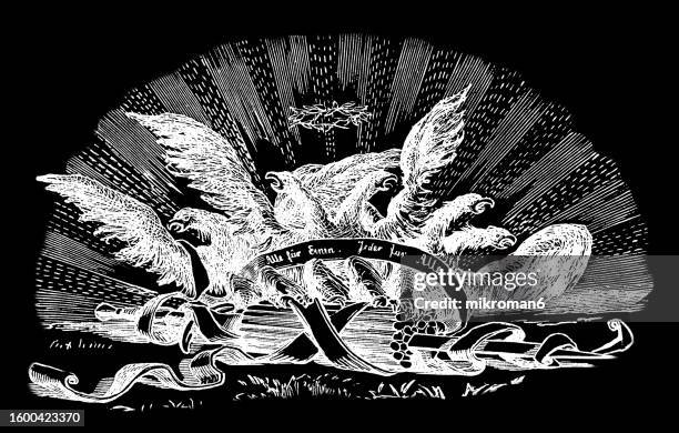 old engraved illustration of decorative coat of arms - eagles with german text - crest logo stock pictures, royalty-free photos & images