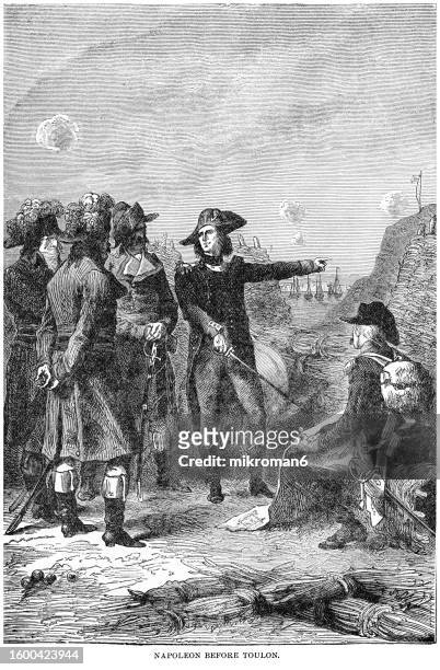 old engraved illustration of napoleon bonaparte before the siege of toulon (29 august – 19 december 1793) a military engagement that took place during the federalist revolts of the french revolutionary wars - vintage military uniform stock pictures, royalty-free photos & images