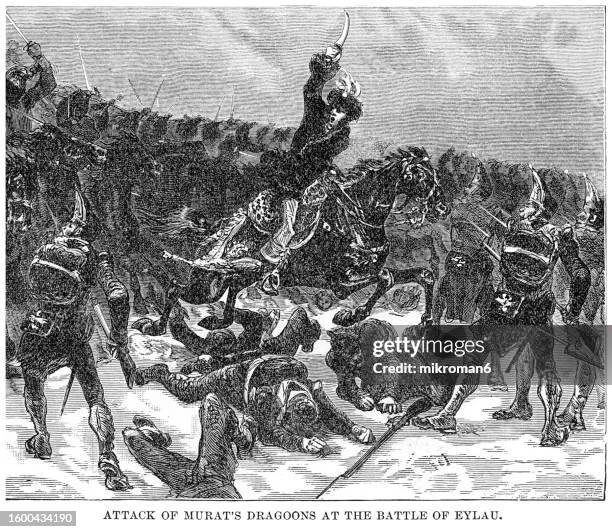 old engraved illustration of the battle of eylau, or battle of preussisch-eylau, a bloody and strategically inconclusive battle on 7 and 8 february 1807 between napoleon's grande armée and the imperial russian army - soldier coming home stock pictures, royalty-free photos & images