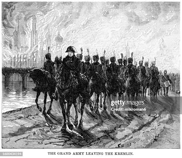 old engraved illustration of grand army of napoleon leaving the kremlin - russia military stock pictures, royalty-free photos & images