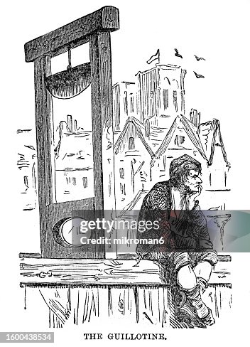 Old engraved illustration of bored man sitting beside a guillotine