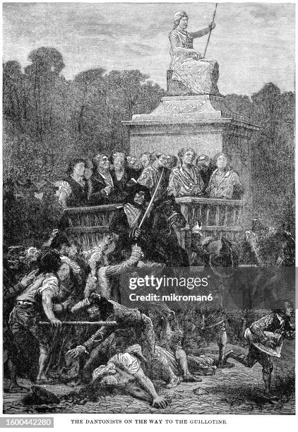 old engraved illustration of  french revolution (reign of terror) - the dantonists on the way to the guillotine - crime punishment stock pictures, royalty-free photos & images