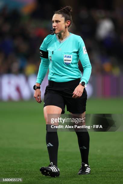 Referee Kate Jacewicz gestures during the FIFA Women's World Cup Australia & New Zealand 2023 Round of 16 match between Colombia and Jamaica at...
