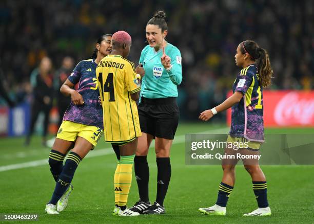 Referee Kate Jacewicz talks to Deneisha Blackwood of Jamaica during the FIFA Women's World Cup Australia & New Zealand 2023 Round of 16 match between...