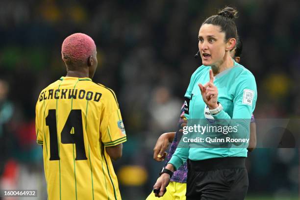 Referee Kate Jacewicz speaks to Deneisha Blackwood of Jamaica during the FIFA Women's World Cup Australia & New Zealand 2023 Round of 16 match...