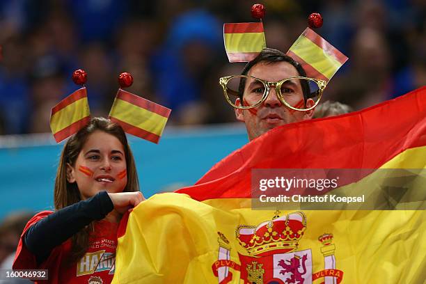 Fans of Spain celebrate prior to the Men's Handball World Championship 2013 semi final match between Spain and Slovenia at Palau Sant Jordi on...