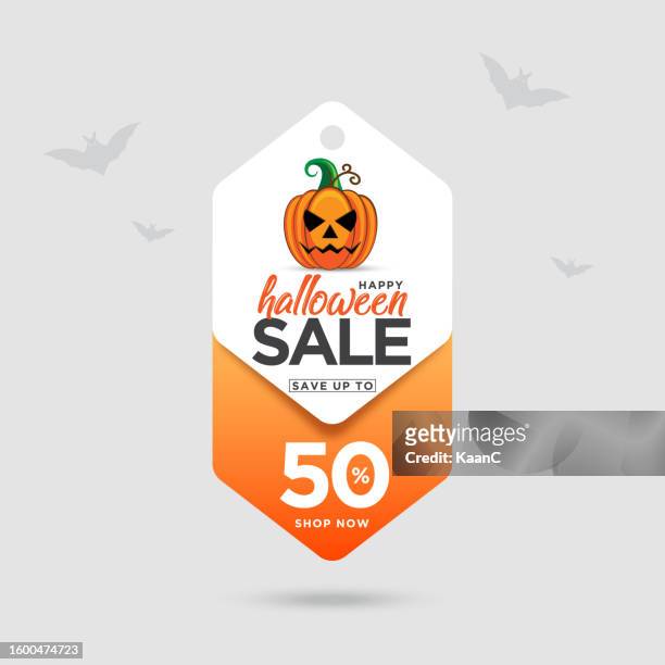 happy halloween sale tag. greeting cards, posters, banners, flyers and invitations. happy halloween text, holiday background stock illustration - mystery sale stock illustrations