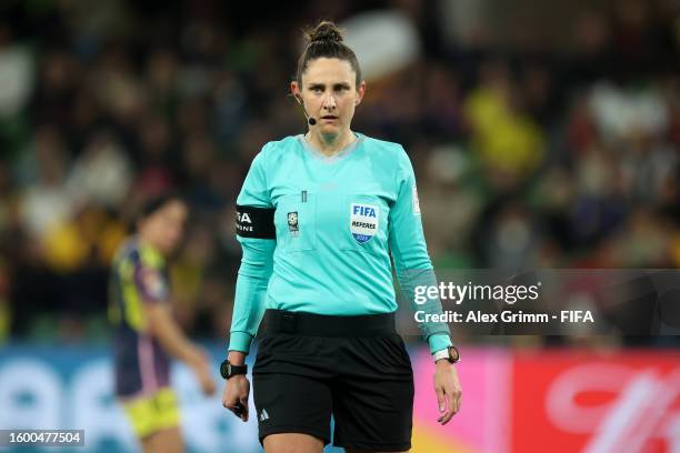 Referee Kate Jacewicz looks on during the FIFA Women's World Cup Australia & New Zealand 2023 Round of 16 match between Colombia and Jamaica at...