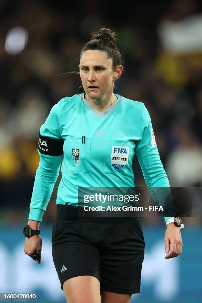 Referee Kate Jacewicz looks on during the FIFA Women's World Cup Australia & New Zealand 2023 Round of 16 match between Colombia and Jamaica at...