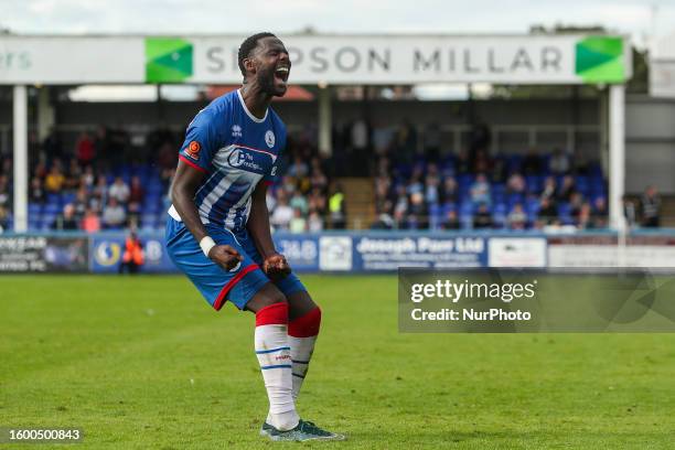 Mani Dieseruvwe of Hartlepool United celebrates after scoring during the Vanarama National League match between Hartlepool United and Gateshead at...